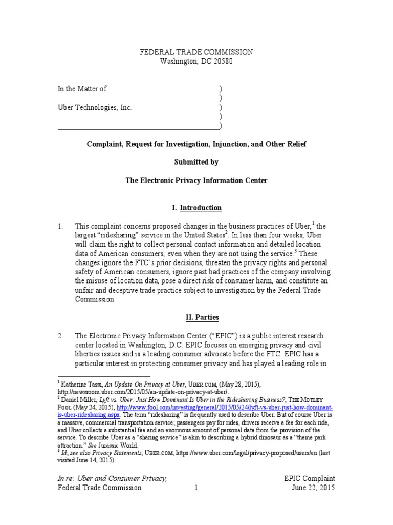 EPIC FTC Uber Complaint | PDF | Uber (Company) | Federal Trade Commission