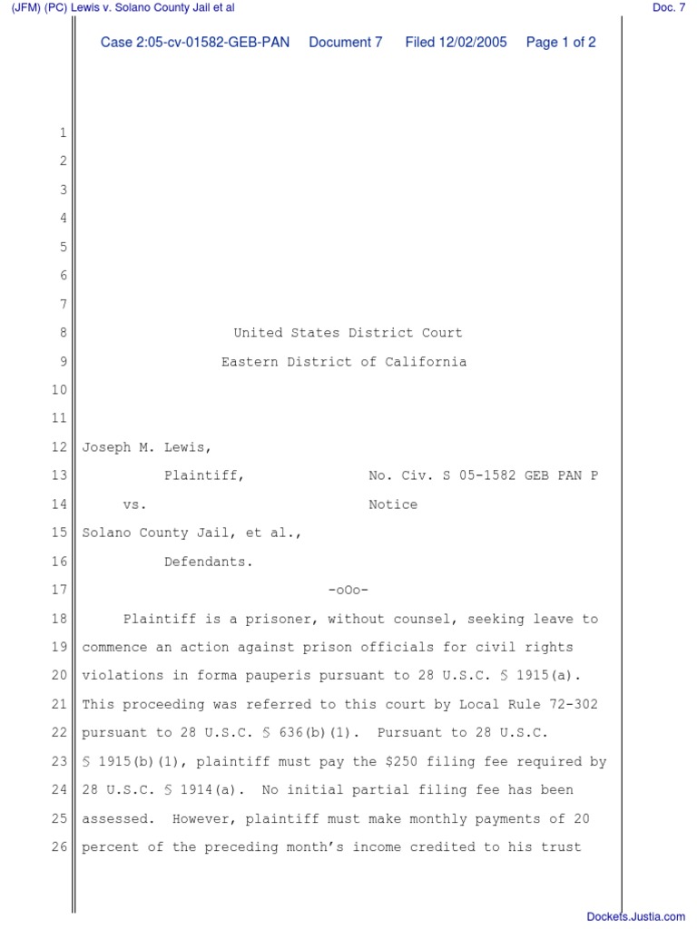 JFM) (PC) Lewis v. Solano County Jail Et Al - Document No. 7 | PDF | United  States District Court | Social Institutions