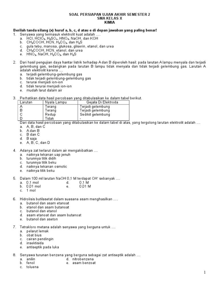 Soal Kimia Kelas X Sma Persiapan Ujian Akhir Semester 2