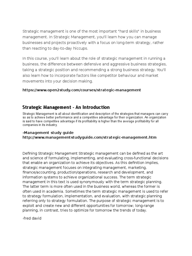 Introduction to Strategic Management Skills | PDF