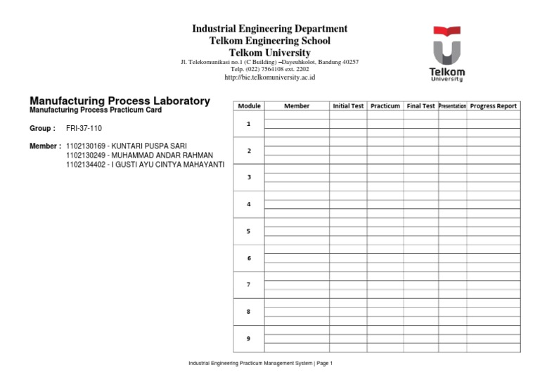 Manufacturing Process Laboratory: Industrial Engineering Department ...