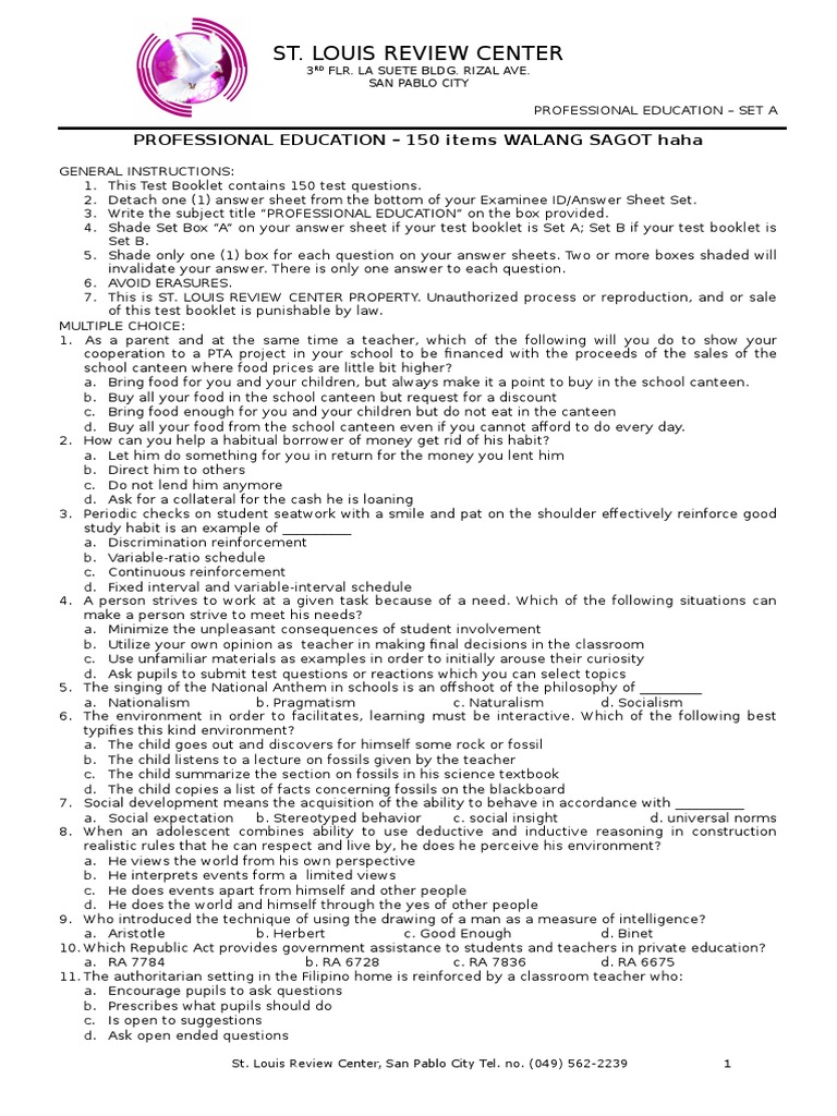 Prof Ed Drill Pdf Teachers Test Assessment