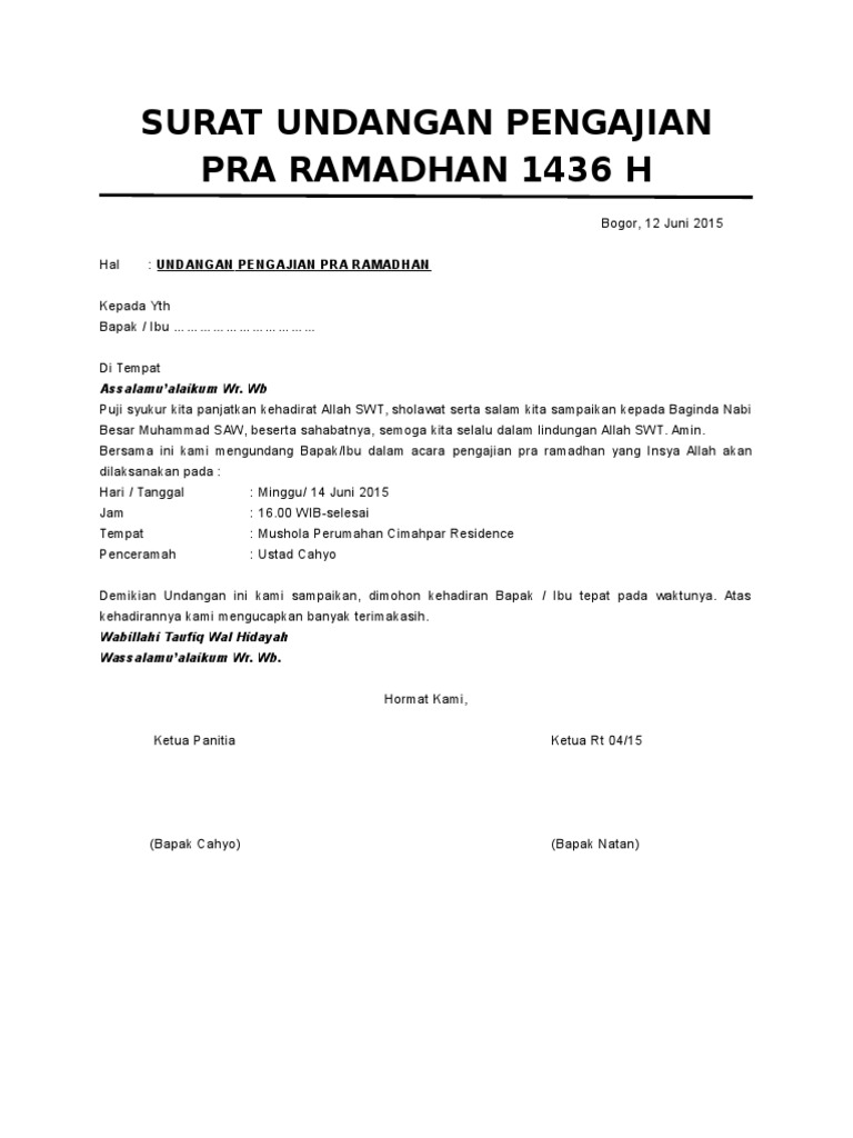 Surat Undangan Pengajian Pra Ramadhan 1436 H