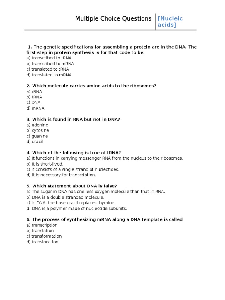 MCQ Nucleic Acids PDF Dna Rna