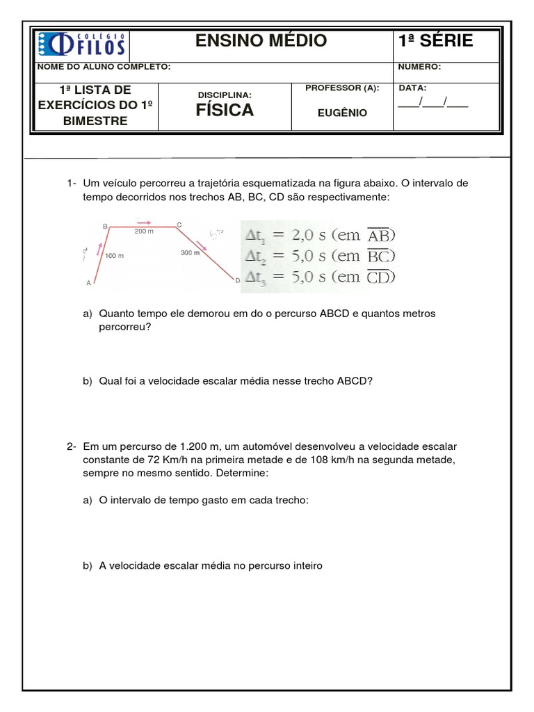 1º Ano Física Velocidade Média Escalar | PDF
