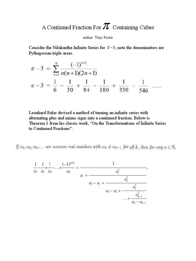 A continued fraction for pi containing cubes author tony foster