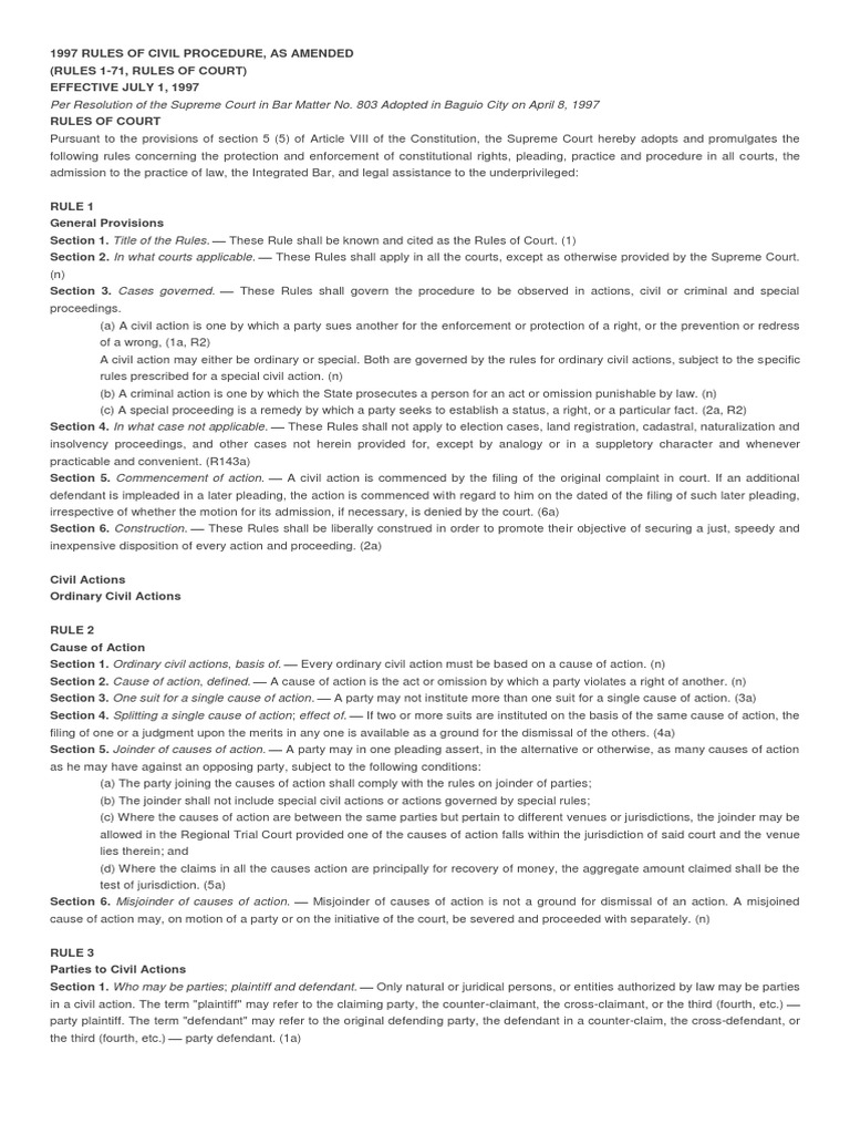 1997 Rules of Civil Procedure Rule 1 71 | PDF | Pleading | Lawsuit
