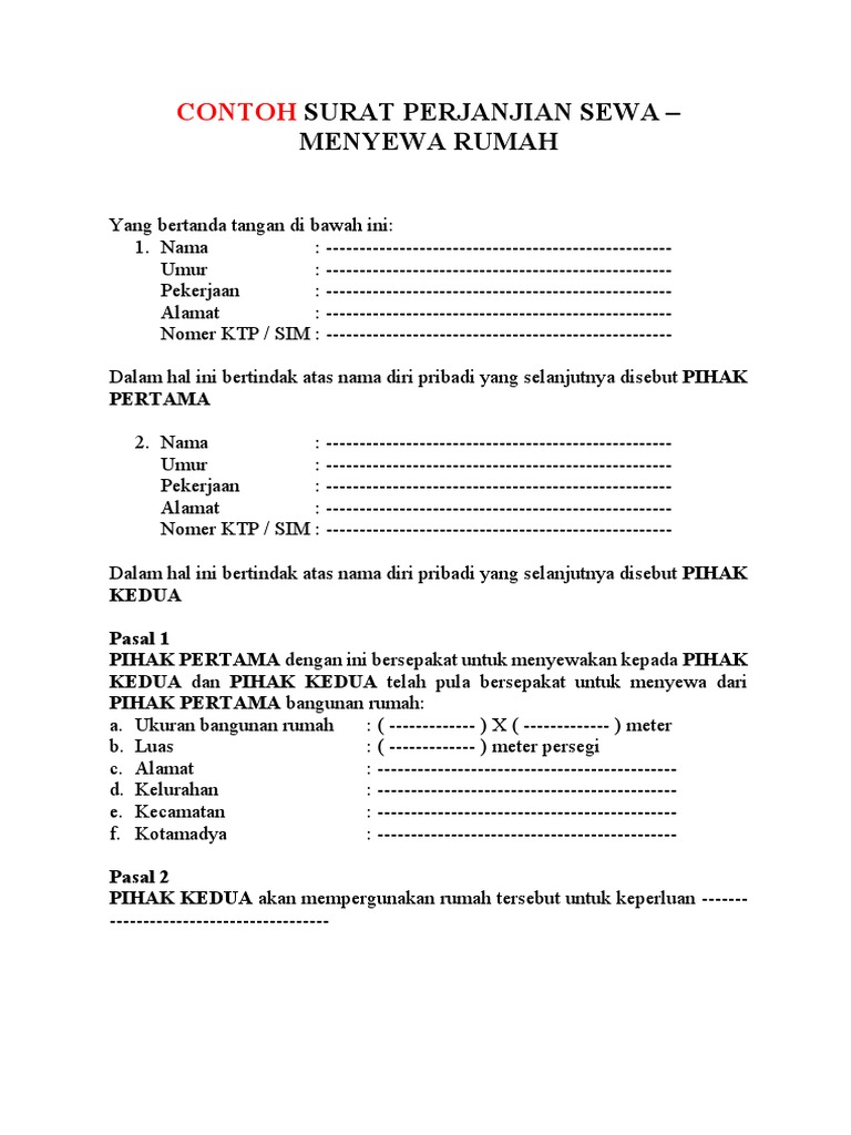 Contoh Surat Perjanjian Sewa Pdf