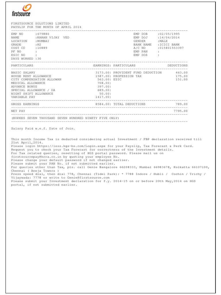 FSL Payslip April 2014 | PDF | Personal Finance | Public Finance