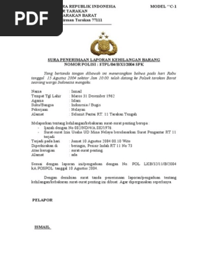Contoh Surat Tanda Penerima Laporan Kehilangan Barang Model C 1