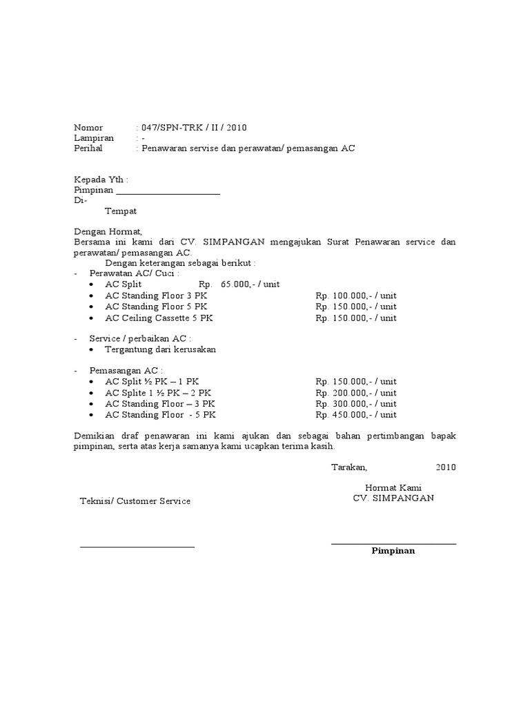 Surat Penawaran Service Dan Pemasangan Ac Pdf