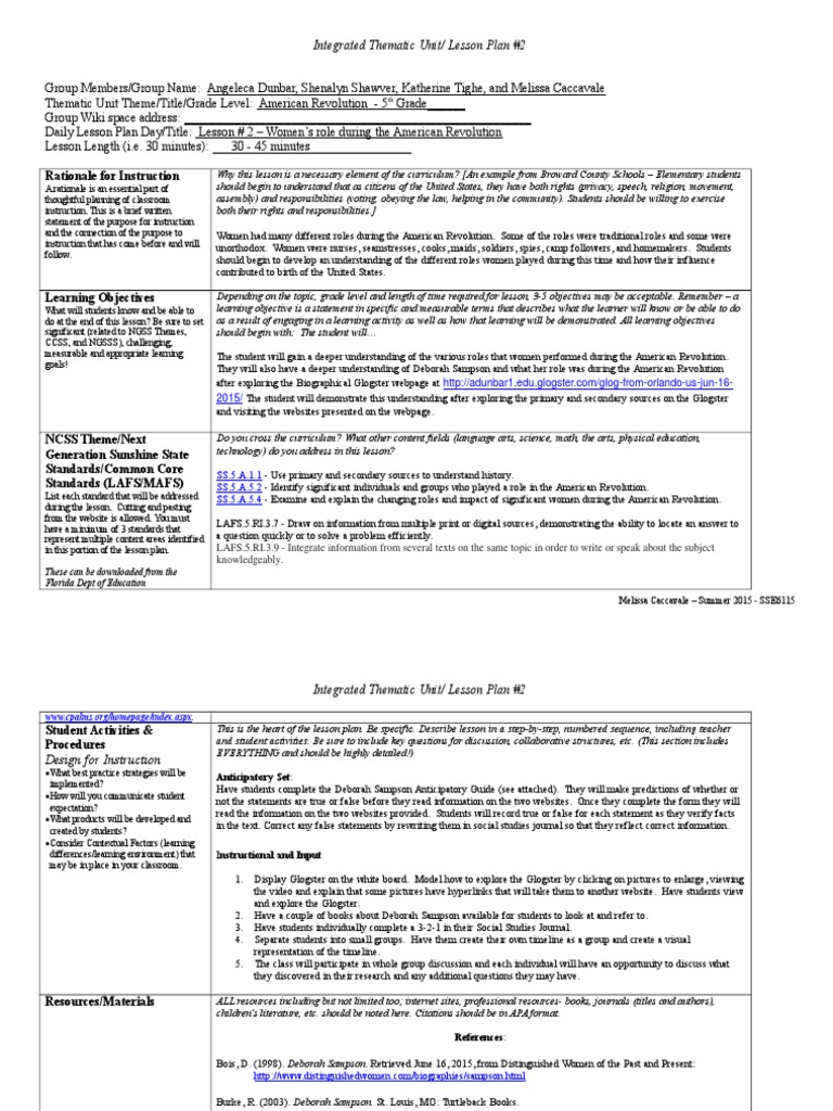Rationale For Instruction: Integrated Thematic Unit/ Lesson Plan #2 ...