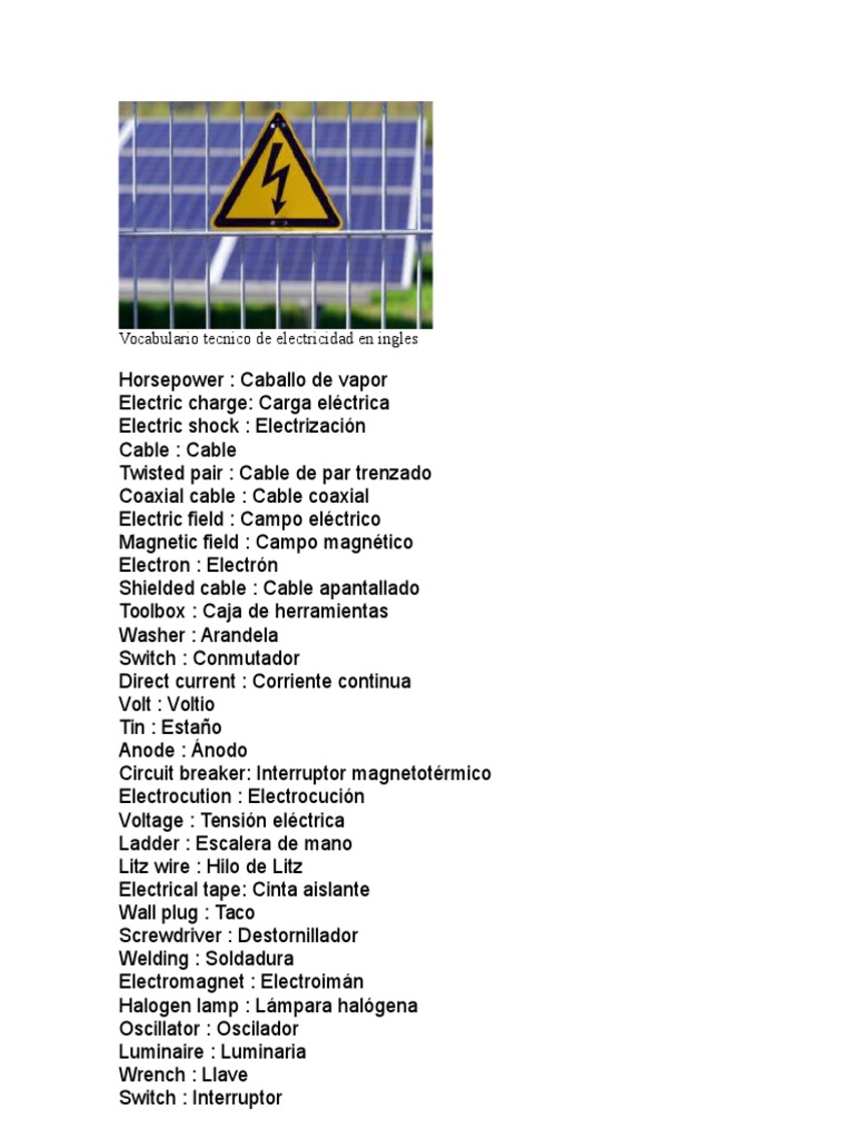 Vocabulario Tecnico de Electricidad en Ingles PDF Equipo Cantidades fisicas
