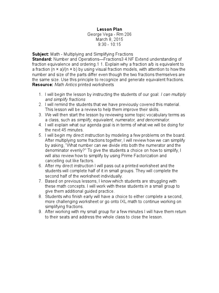 Math Lesson Plan: Multiplying Fractions | PDF | Career & Growth