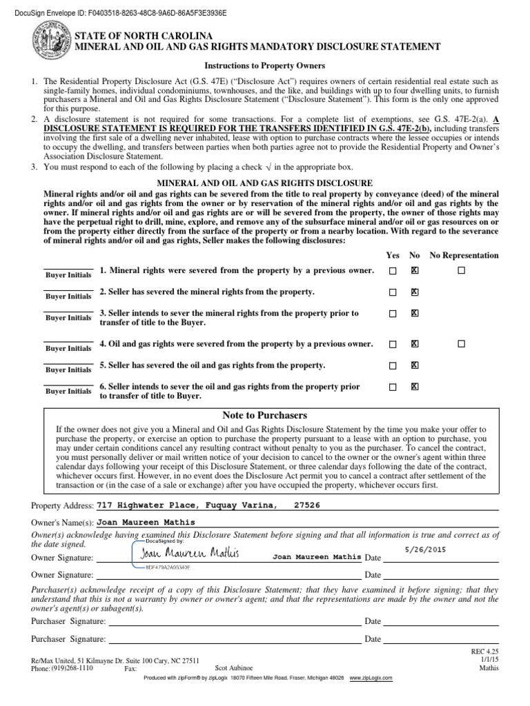 mineral and oil and gas rights mandatory disclosure statement 12015