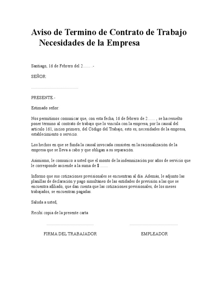 Aviso de Termino de Contrato de Trabajo Necesidades de La Empresa | PDF