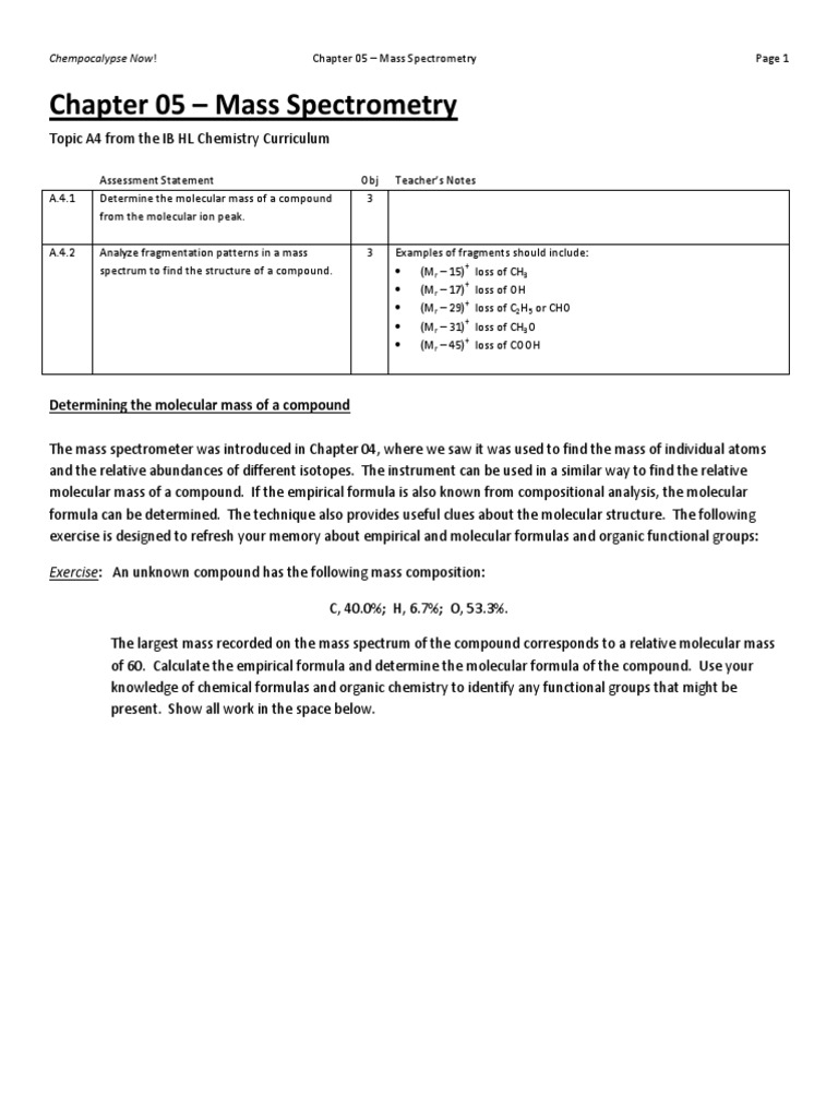 Chapter 05 Mass Spectrometry PDF Mass Spectrometry Molecules
