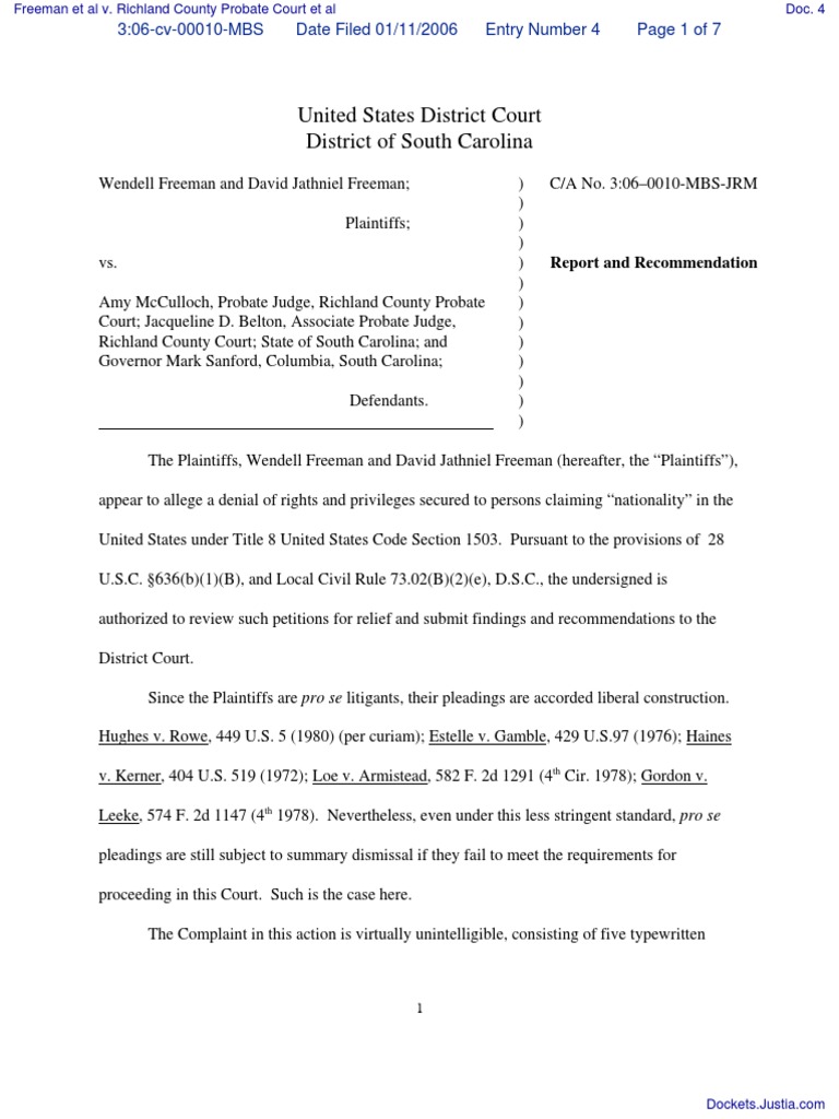 Freeman Et Al V Richland County Probate Court Et Al Document No 4 
