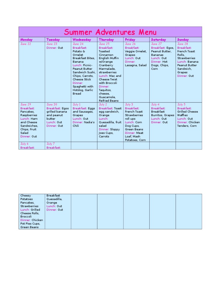 Summer Meal Plan: Weekly Menu Guide | PDF