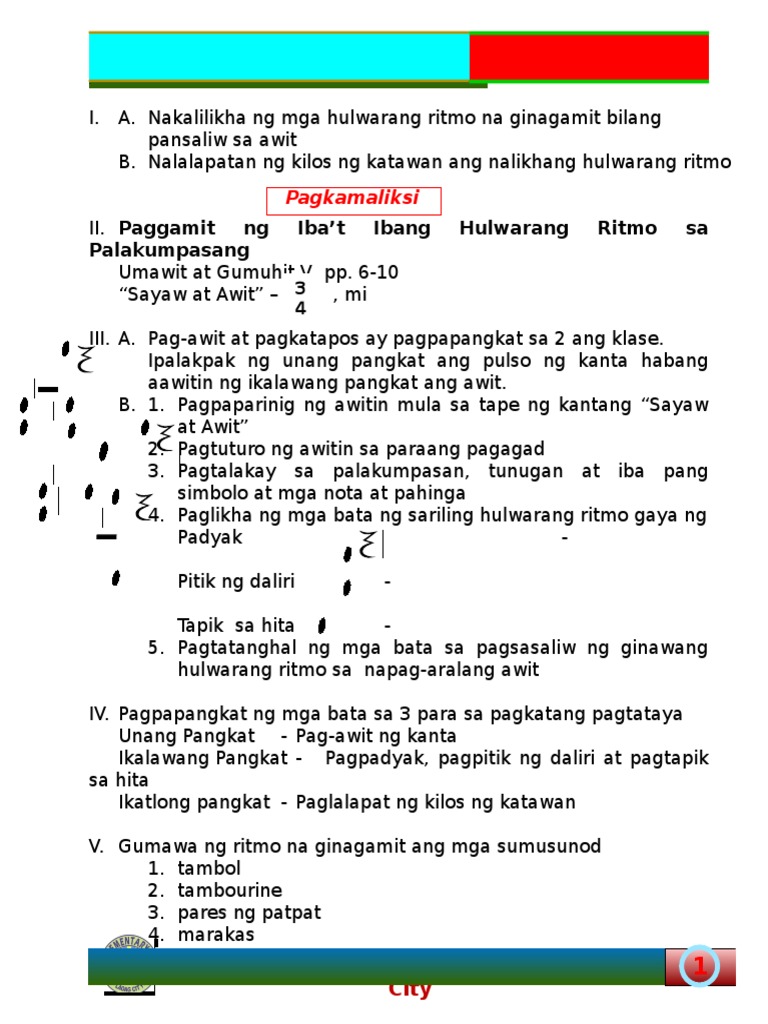 Musika 6 Lesson 3 Paggamit Ng Hulwarang Ritmo Sa Palakumpasang 34