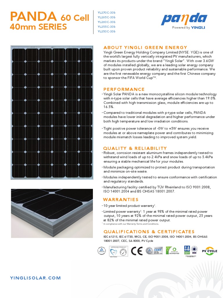 Yingli Solar PANDA YL270C 30b Data Sheet 1 PDF | PDF | Electrical