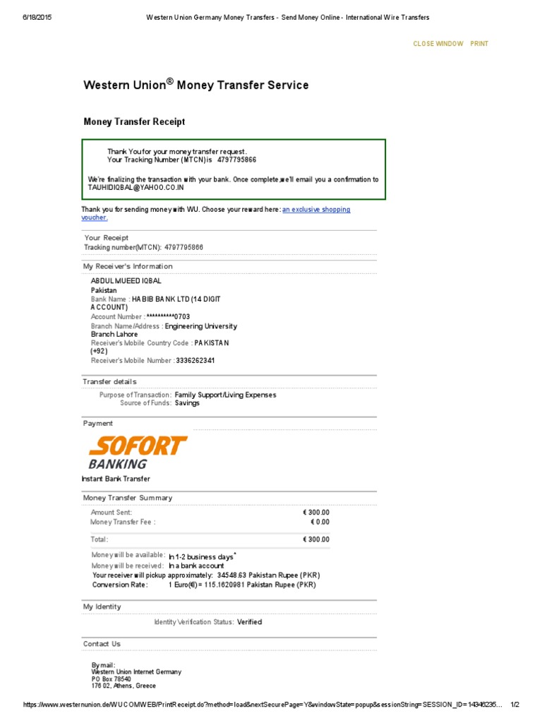 Western Union Money Transfer Receipt | PDF | Finance & Money Management