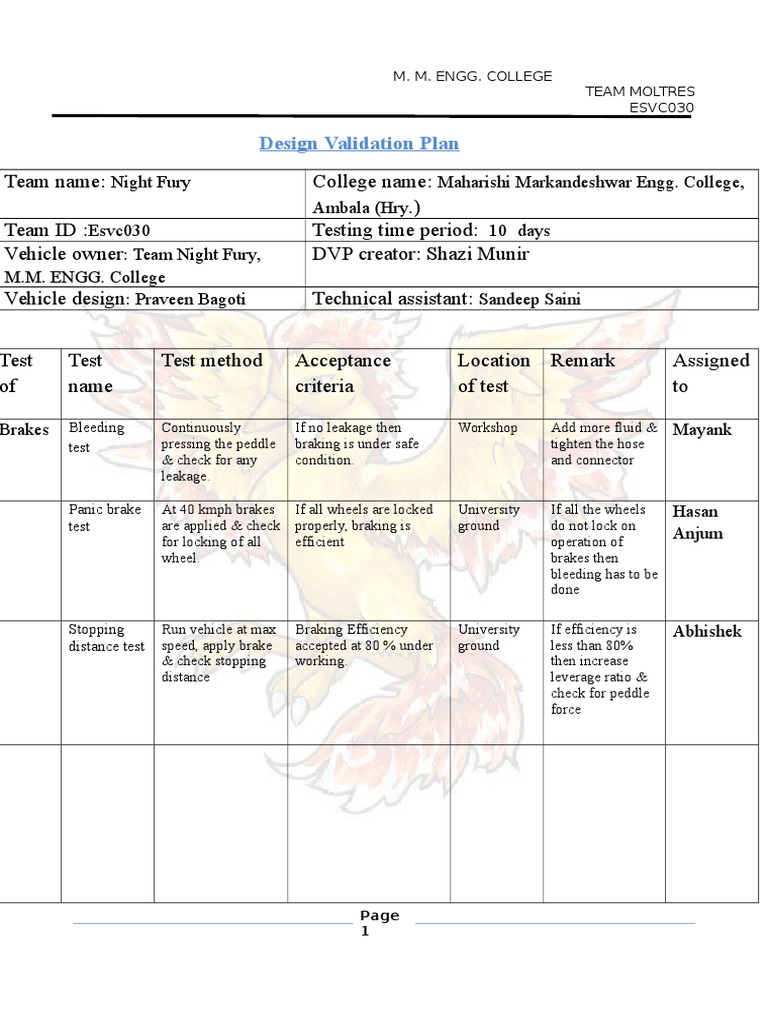 Design Validation Plan Vehicle Technology Electrical Engineering