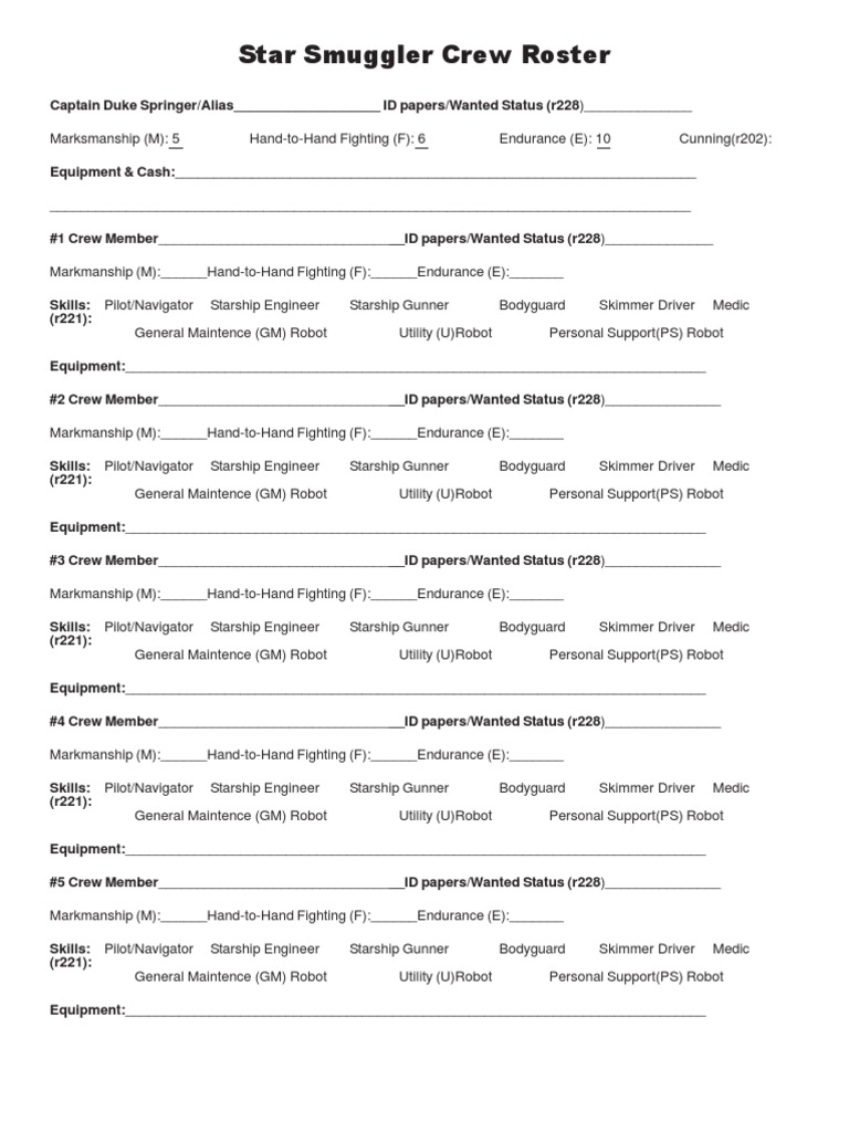 Star Smuggler Crew Roster | PDF | Role Playing Games | Media Freedom