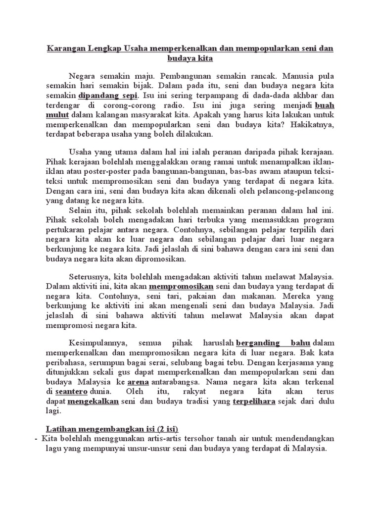 Karangan Lengkap Usaha Memperkenalkan Dan Mempopularkan Seni Dan Budaya Kita Pdf