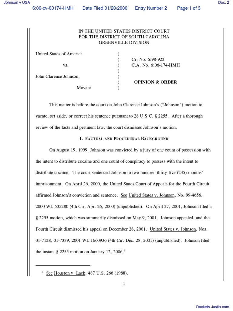 Johnson V USA Document No. 2 PDF United States Courts Of Appeals