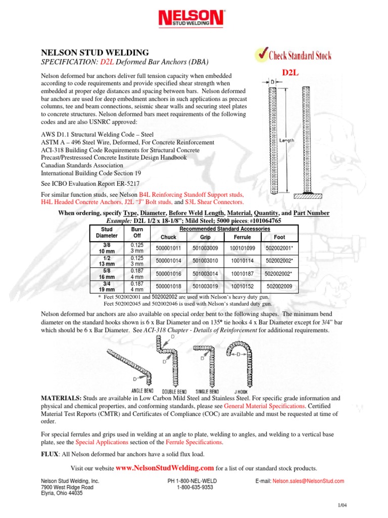 Nelson Stud Welding D2L Deformed Bar Anchors (DBA) PDF