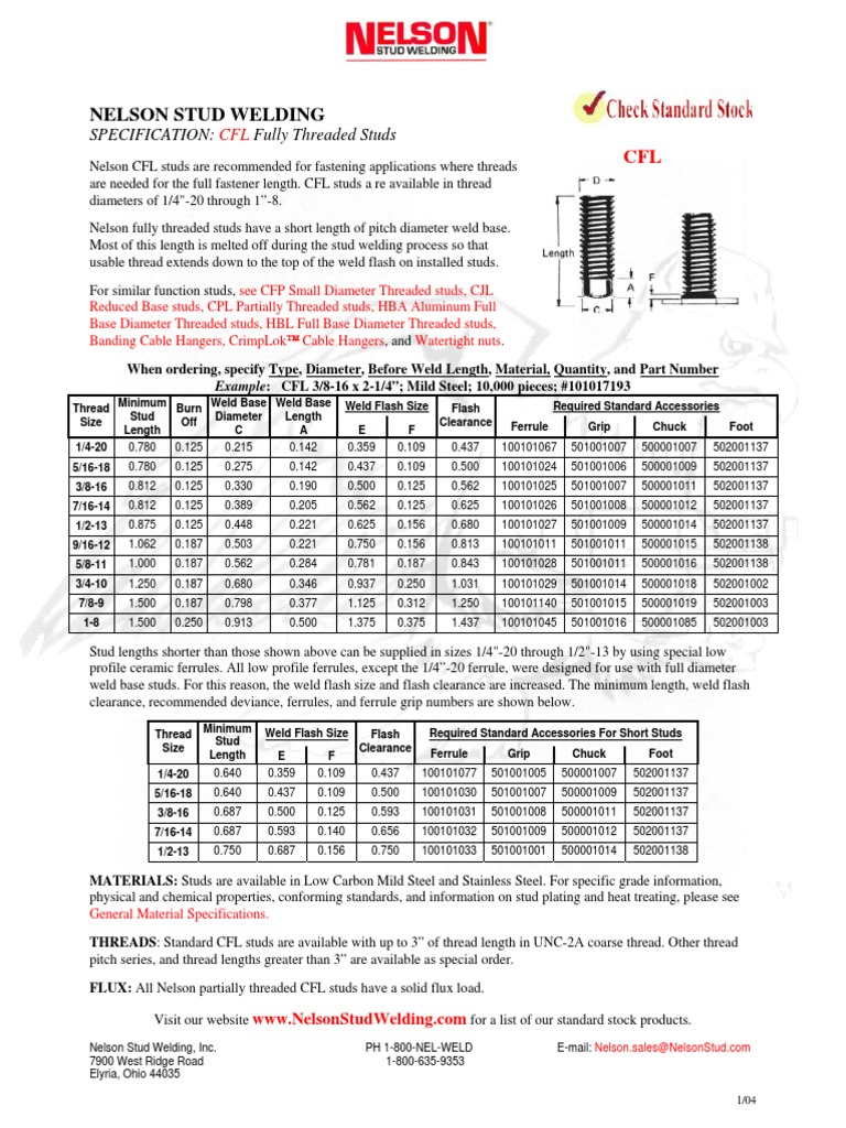 Nelson Stud Welding CFL Fully Threaded Studs PDF Metalworking