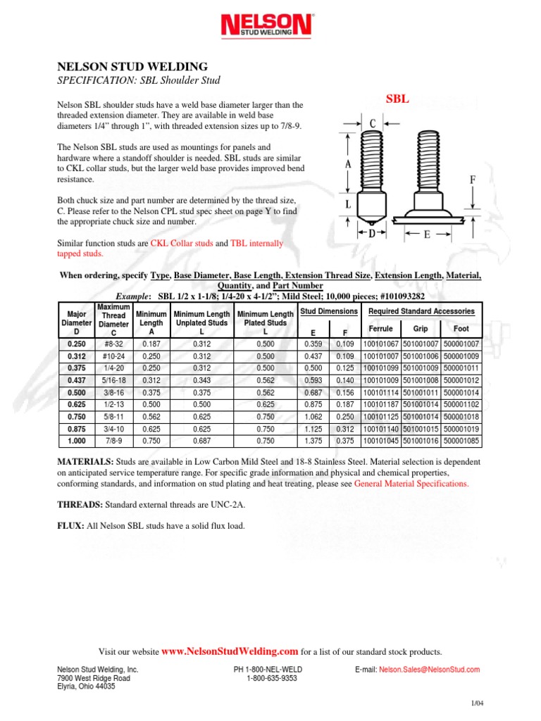 Nelson Stud Welding - SBL Shoulder Stud | PDF | Welding | Construction
