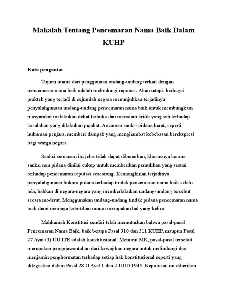 Makalah Tentang Pencemaran Nama Baik Dalam Kuhp