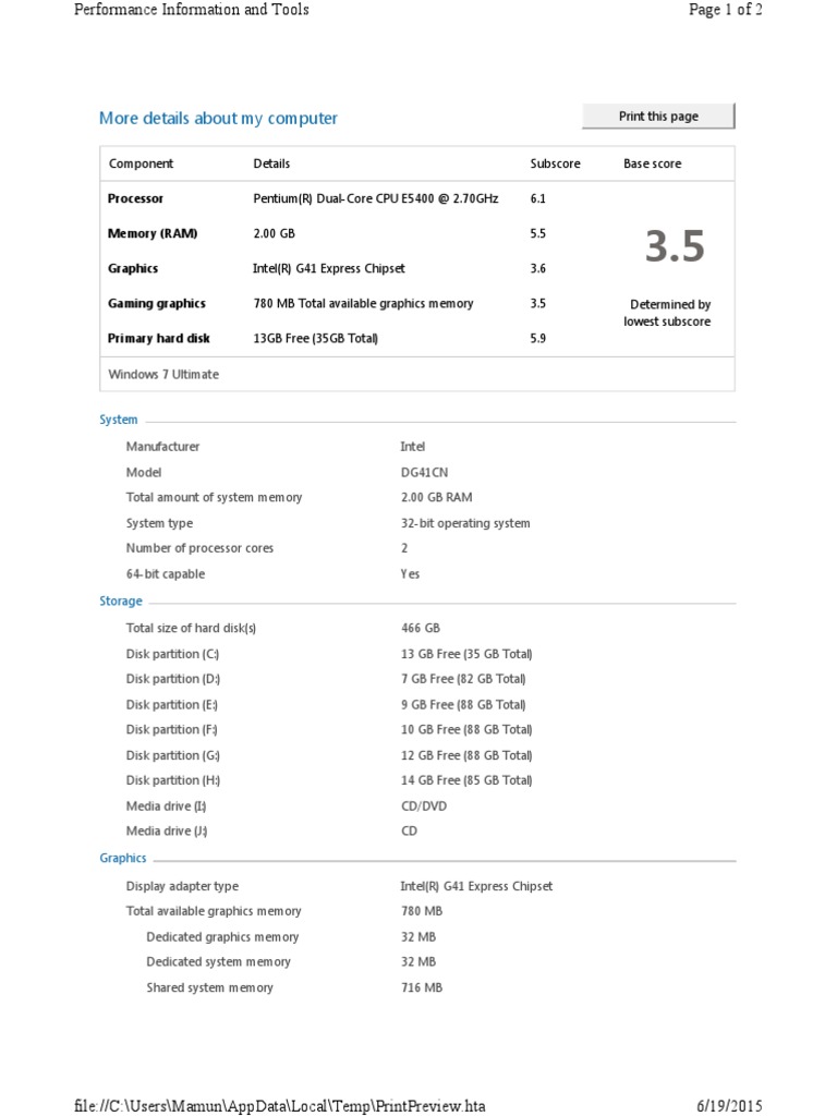 Computer Specs and Performance Overview | PDF