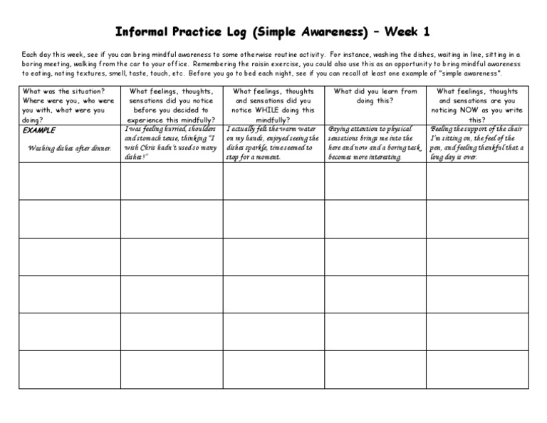 Informal Practice Log (Simple Awareness) - Week 1: Example | PDF ...