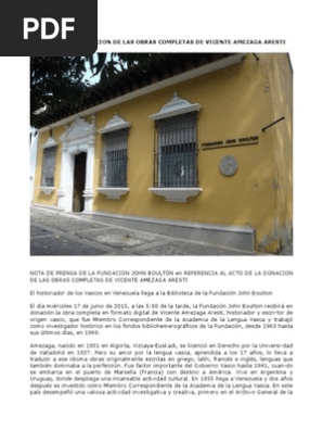 Notas De La Donacion Obras Completas Vicente Amezaga A La Fundacion John Boulton Pais Vasco Comunidad Autonoma Venezuela