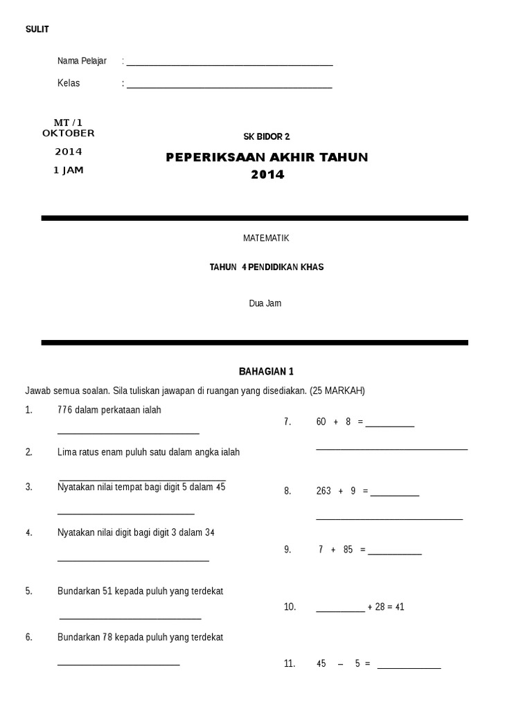 Soalan Matematik Pendidikan Khas Tahun 5