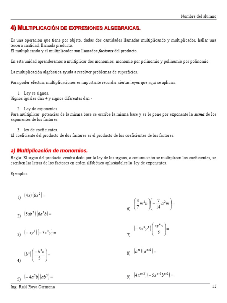 Multiplicación de Expresiones Algebraicas | PDF | Métodos y materiales ...