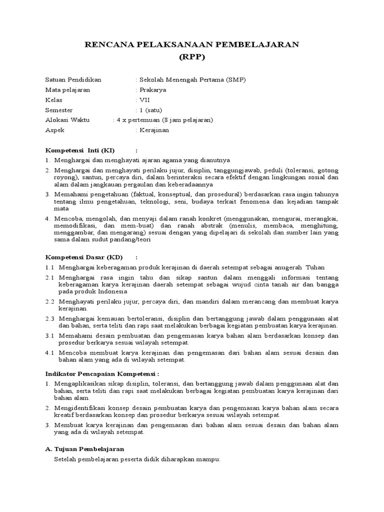 RPP KERAJINAN Prakarya Kelas 7 Kur 2013