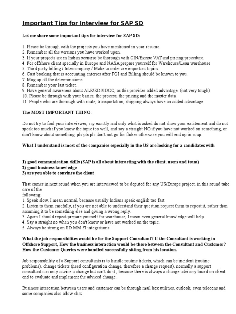 SAP SD Interview Preparation Tips | PDF | Invoice | Sales