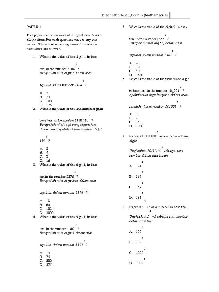 Ujian Diagnostik Matematik Tingkatan 5 P1 Pdf