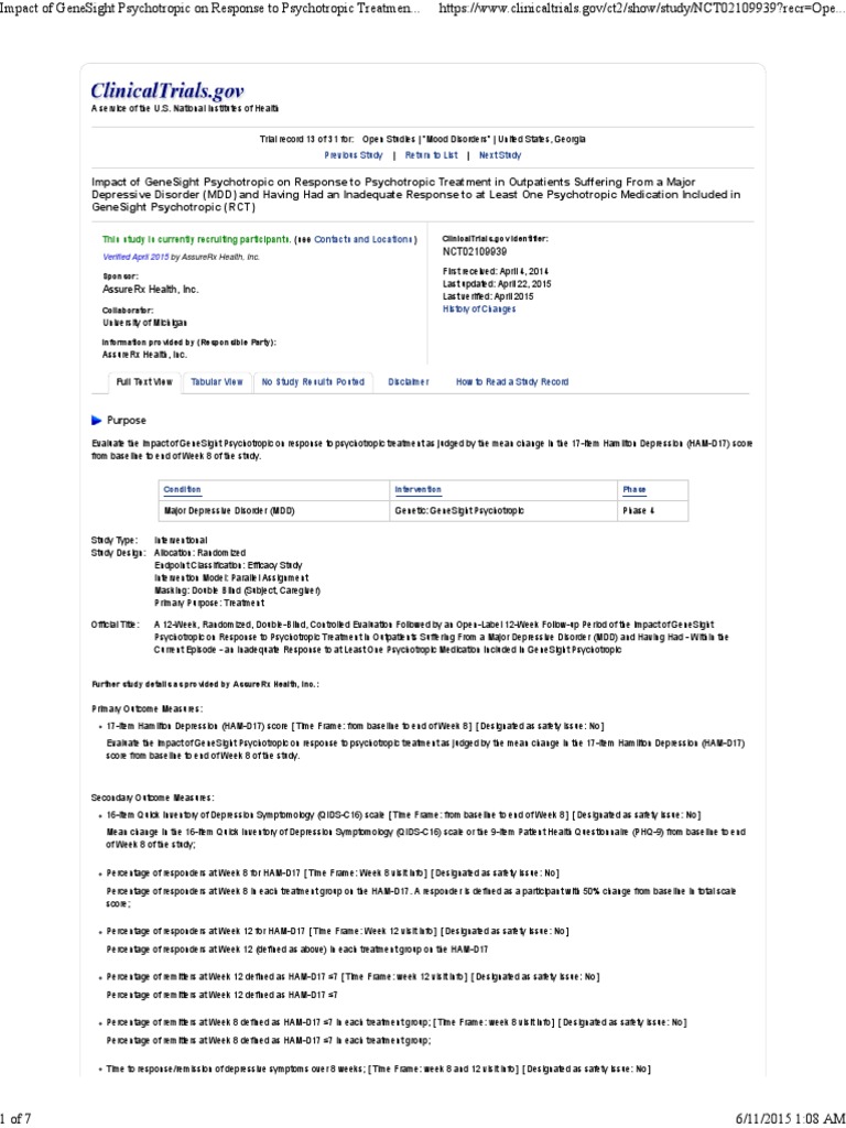 Clinical Trial of Genomind | PDF | Randomized Controlled Trial ...
