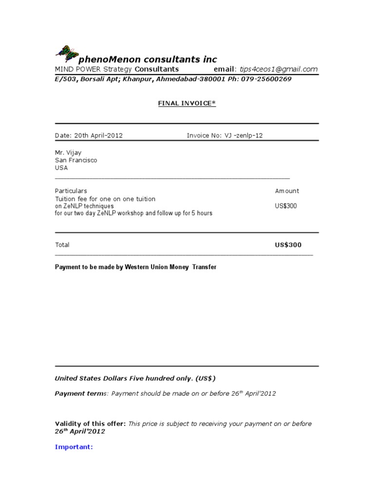 Western Union Payment Invoice for Workshop | PDF