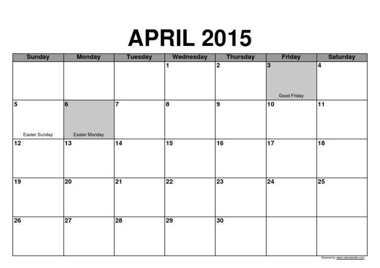 APRIL 2015: Sunday Monday Tuesday Wednesday Thursday Friday Saturday 1 ...