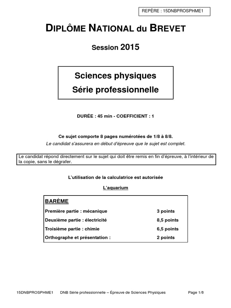 Sujet Brevet Physique chimie Avec Corrigé Pdf 2018 Épreuve de Physique-Chimie Pour La Série Professionnelle Du Brevet | PDF |  Cuivre | Ph