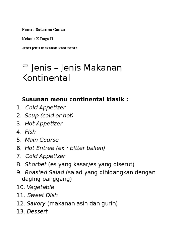 Jenis – Jenis Makanan Kontinental: Susunan menu continental klasik