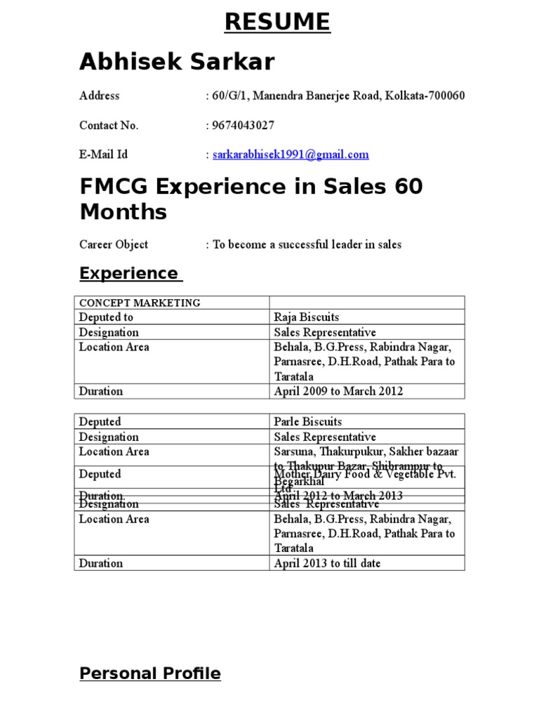 FMCG Experience in Sales 60 Months | PDF