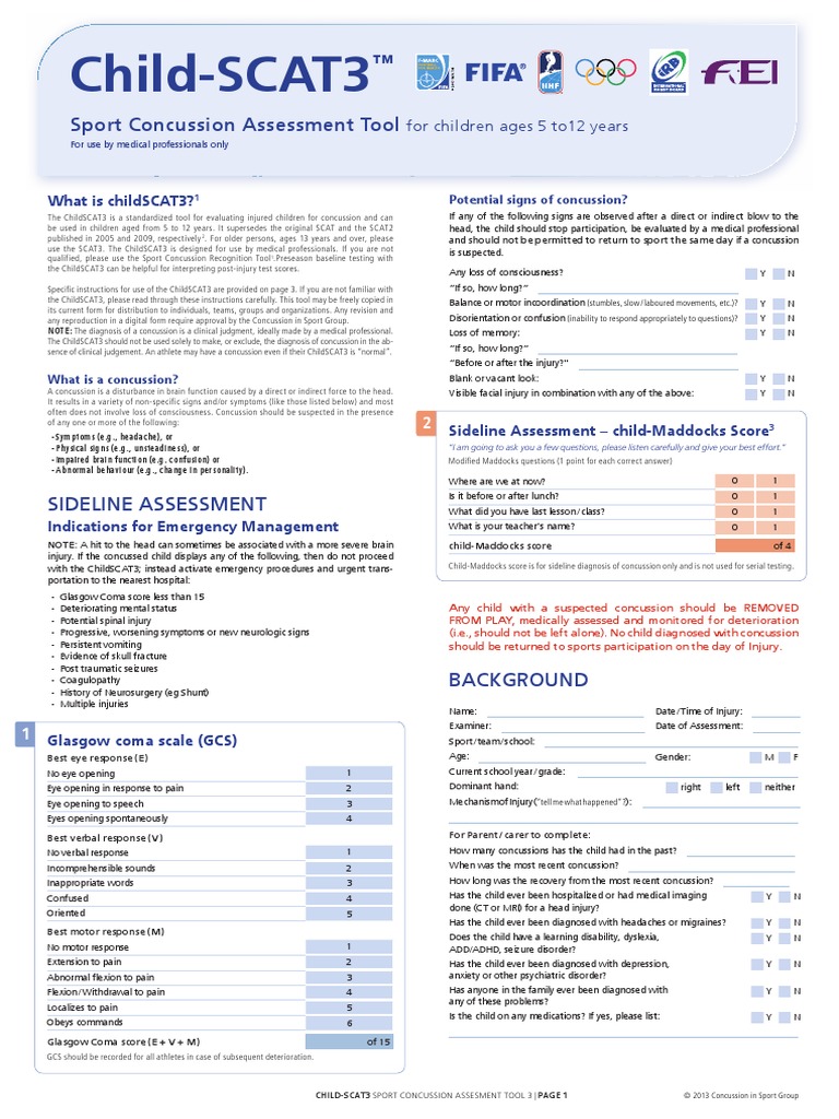 SCAT 3 Child Form 2012 Child Concussion Strength Training