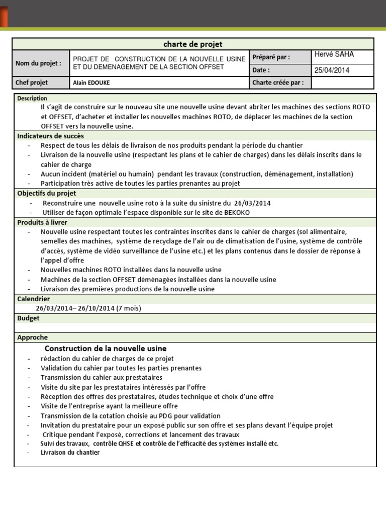 Charte de projet de construction nouvelle usine+risque  Usine  Business